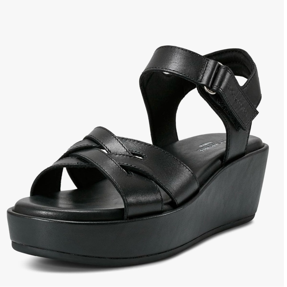 Rockport Women's Amira Wedge Sandal, Black Leather Size 8